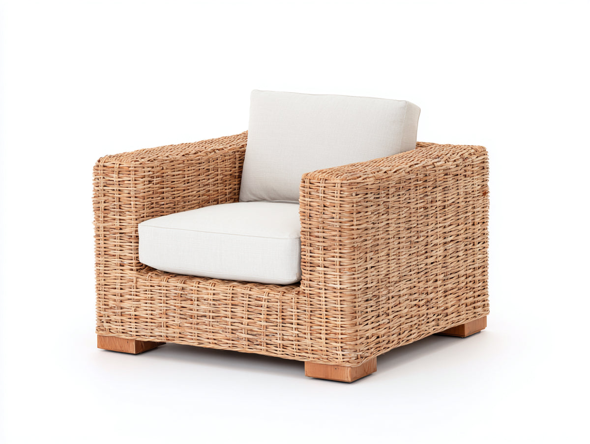 Fauteuil de jardin - Rotin-Tissu - 87 x 82 x 78 cm - Miel-Écru - Style rustique contemporain