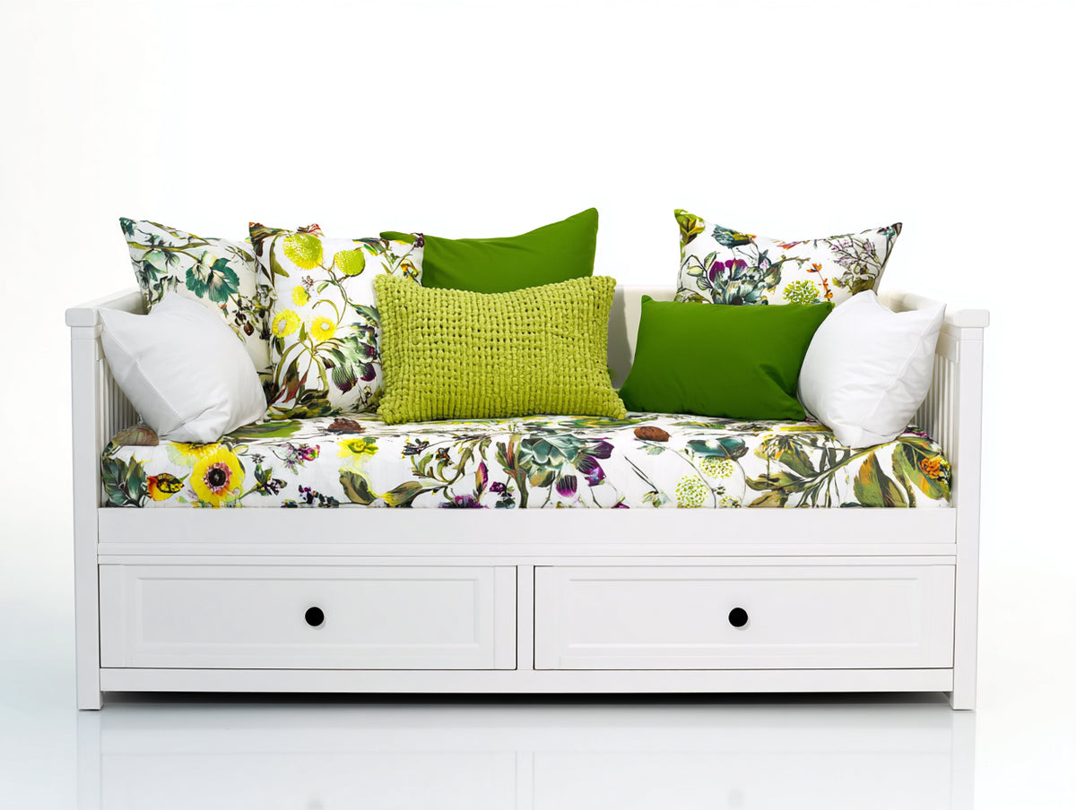 Canapé lit - Bois - 208 x 98 x 88 cm - Blanc - Style botanique avec rangement intégré
