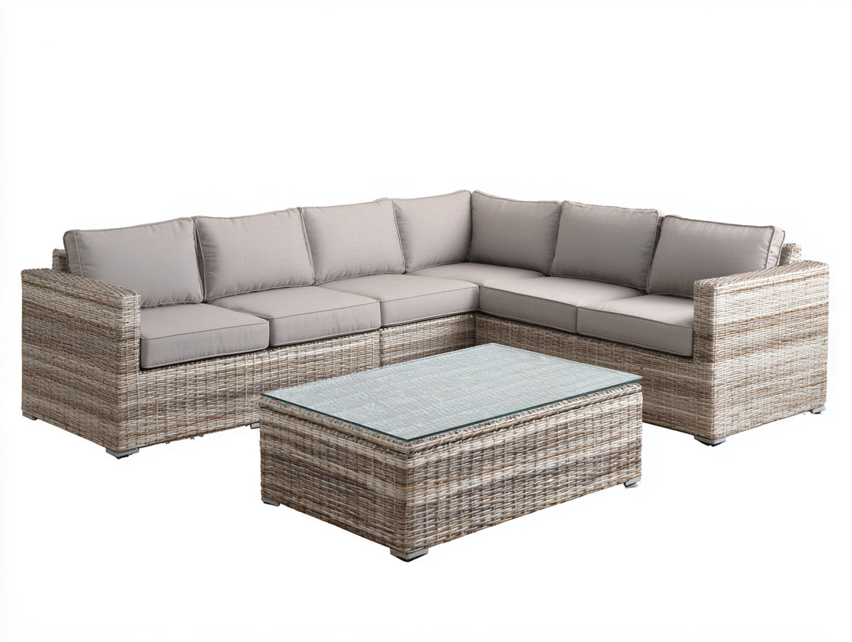 Canapé de jardin - Résine tressée-Textile - 286 x 220 x 74 cm - Taupe clair-Beige grisé - Style contemporain
