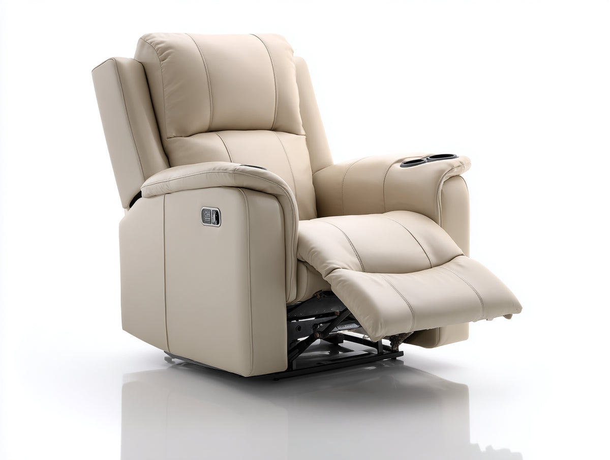 Fauteuil relax - Revêtement effet cuir - 104 x 94 x 110 cm - Crème - Style contemporain avec repose-pieds et porte-gobelets
