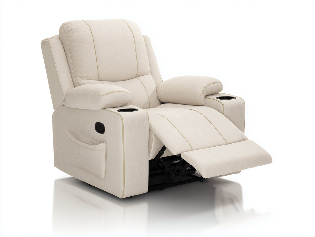 Fauteuil relax - Tissu - 105 x 96 x 111 cm - Blanc cassé - Style rembourré avec repose-pieds et porte-gobelets