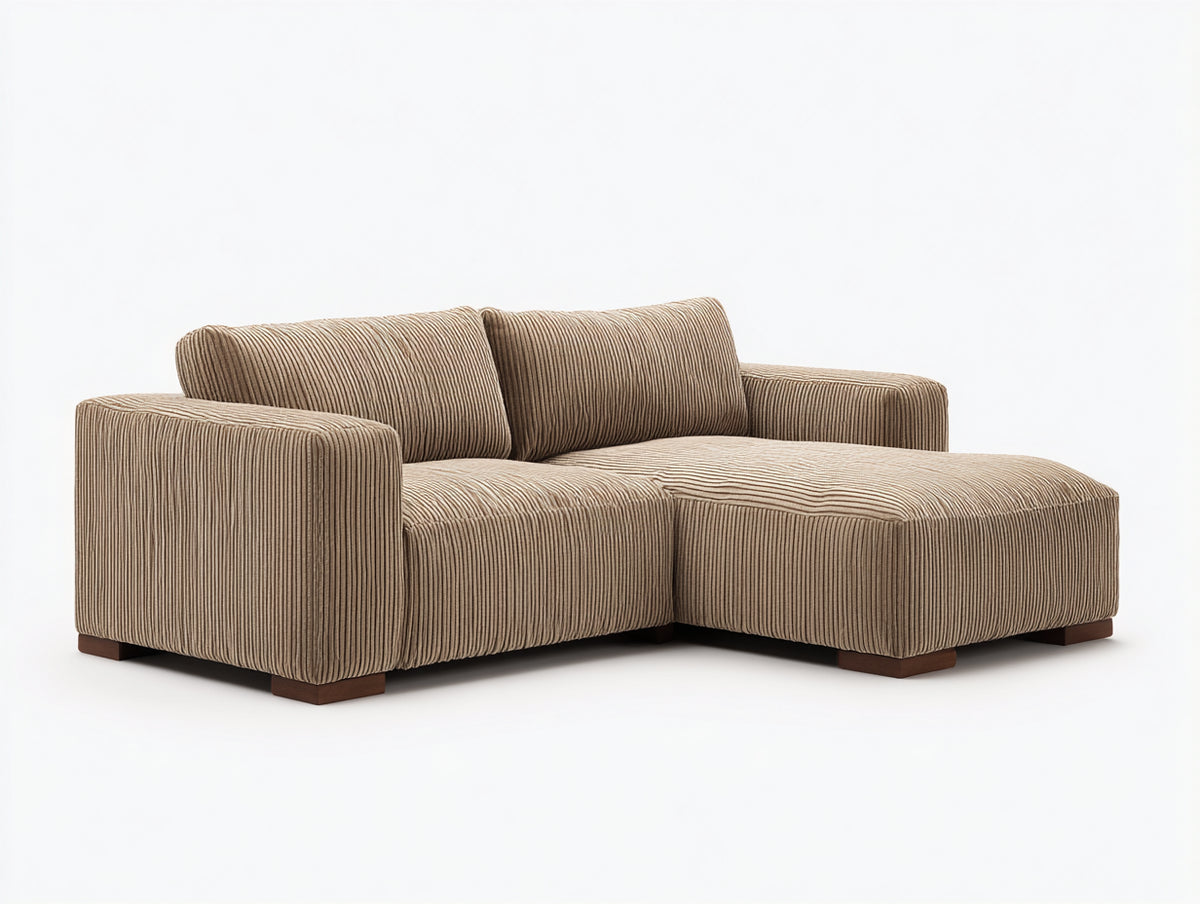 Canapé d'angle - Velours côtelé-Bois - 230 x 162 x 80 cm - Marron clair - Style minimaliste bas avec méridienne