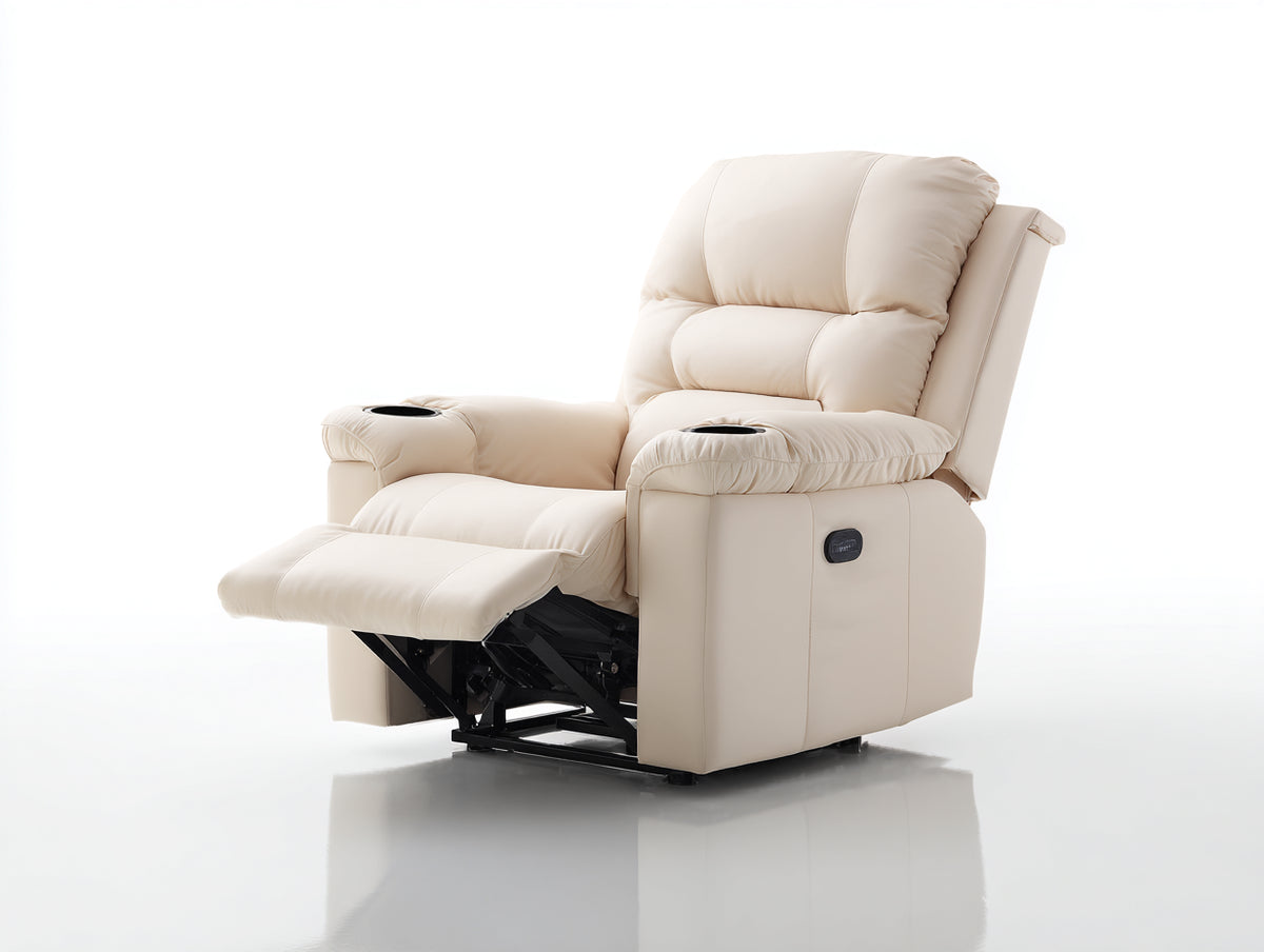 Fauteuil relax - Revêtement effet cuir - 104 x 93 x 109 cm - Crème - Style classique avec repose-pieds et porte-gobelets