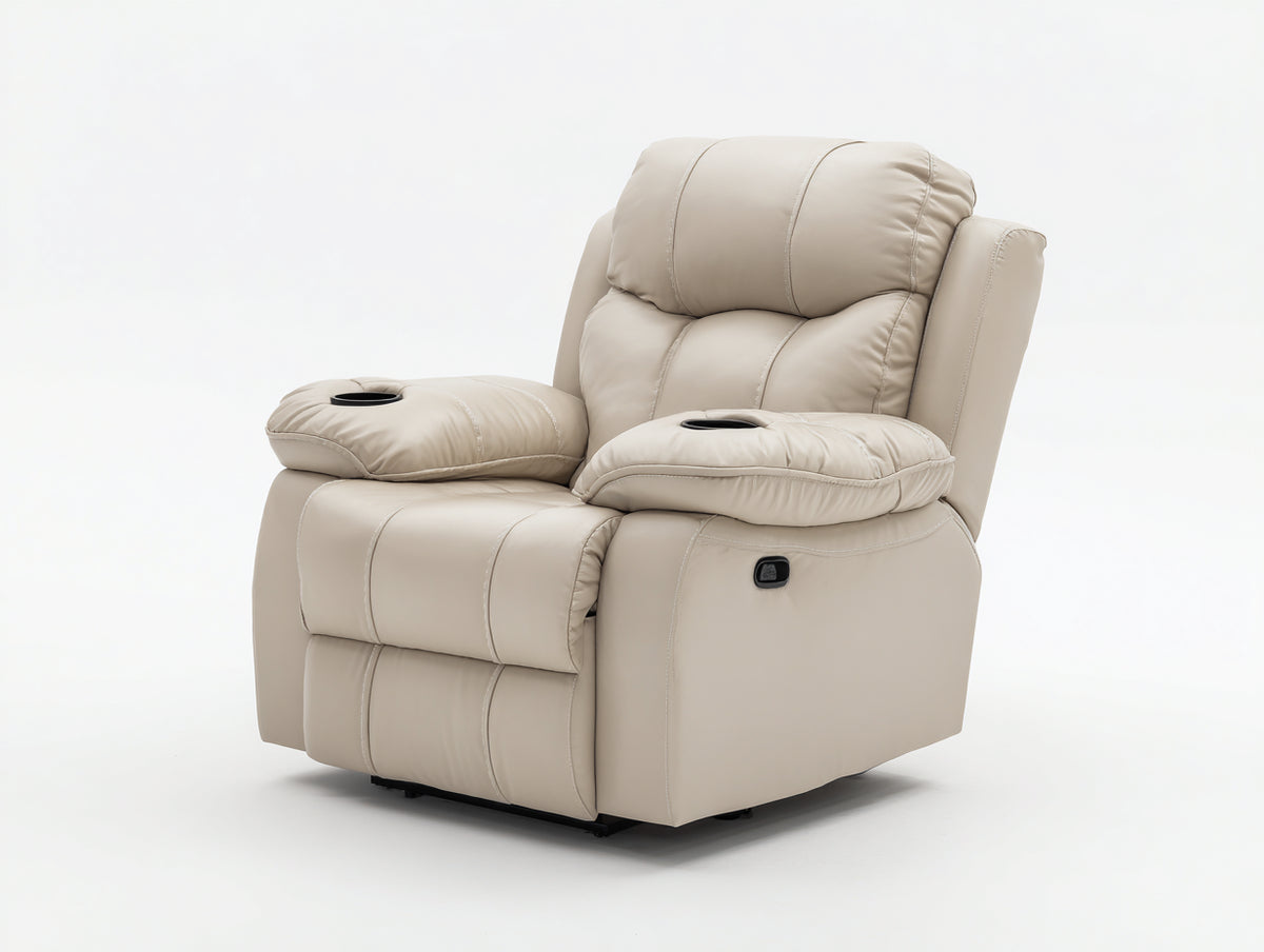 Fauteuil relax - Revêtement effet cuir - 103 x 95 x 109 cm - Beige clair - Style rembourré avec repose-pieds et commande latérale