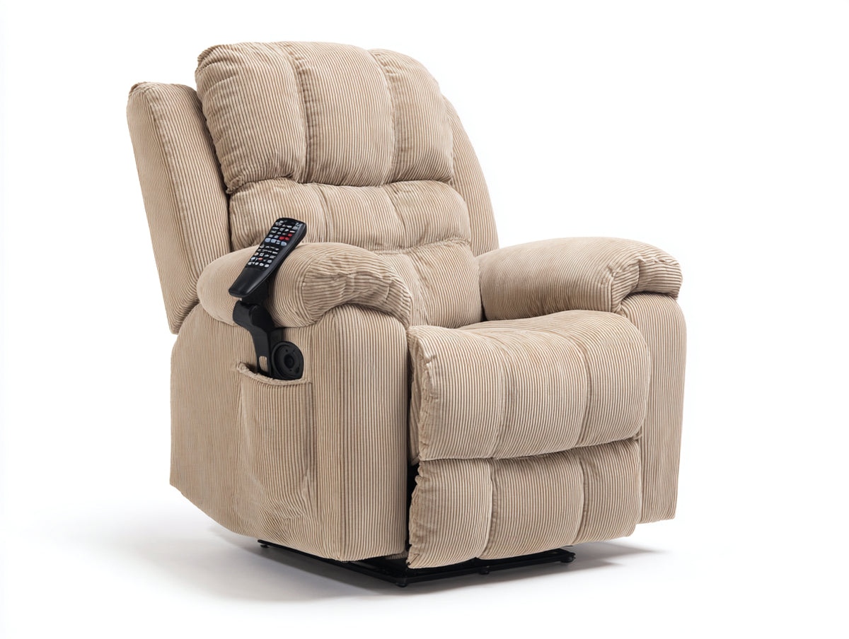 Fauteuil relax - Velours côtelé - 103 x 96 x 111 cm - Beige sable - Style rembourré avec repose-pieds et rangement latéral
