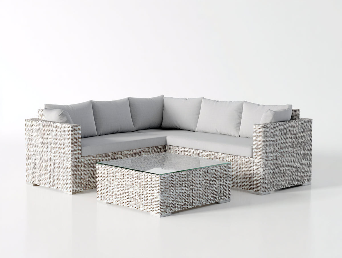 Canapé de jardin - Résine tressée-Textile - 232 x 232 x 74 cm - Gris clair-Blanc cassé - Style contemporain