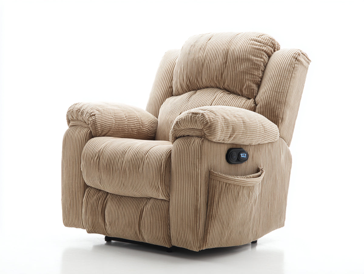 Fauteuil relax - Velours côtelé - 102 x 96 x 108 cm - Beige sable - Style enveloppant avec repose-pieds et poche latérale
