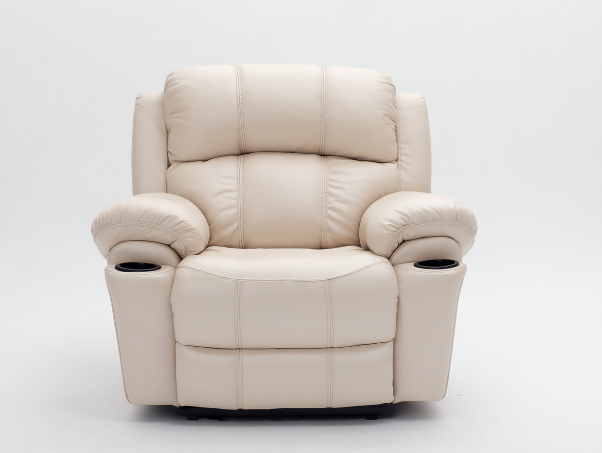 Fauteuil relax - Revêtement effet cuir - 104 x 96 x 110 cm - Crème - Style classique avec repose-pieds et porte-gobelets