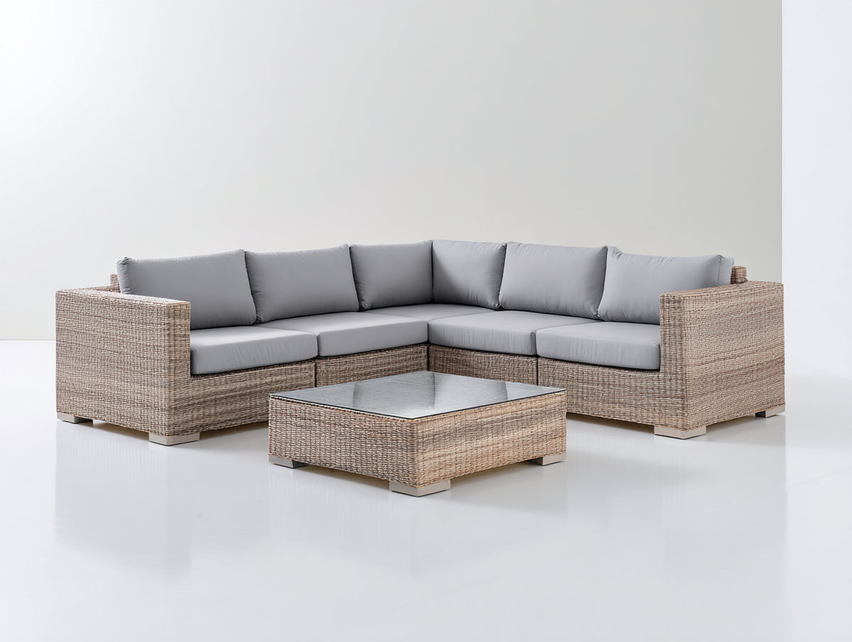 Canapé de jardin - Résine tressée-Textile-Verre - 255x255x75 cm - Beige-Gris clair - Style moderne