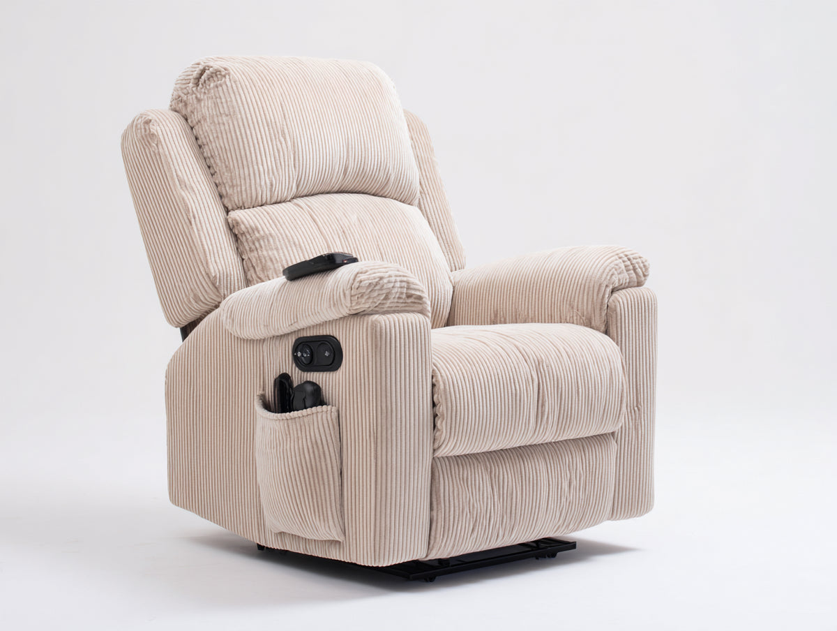 Fauteuil relax - Velours côtelé - 102 x 96 x 110 cm - Beige clair - Style confort avec repose-pieds et commandes latérales
