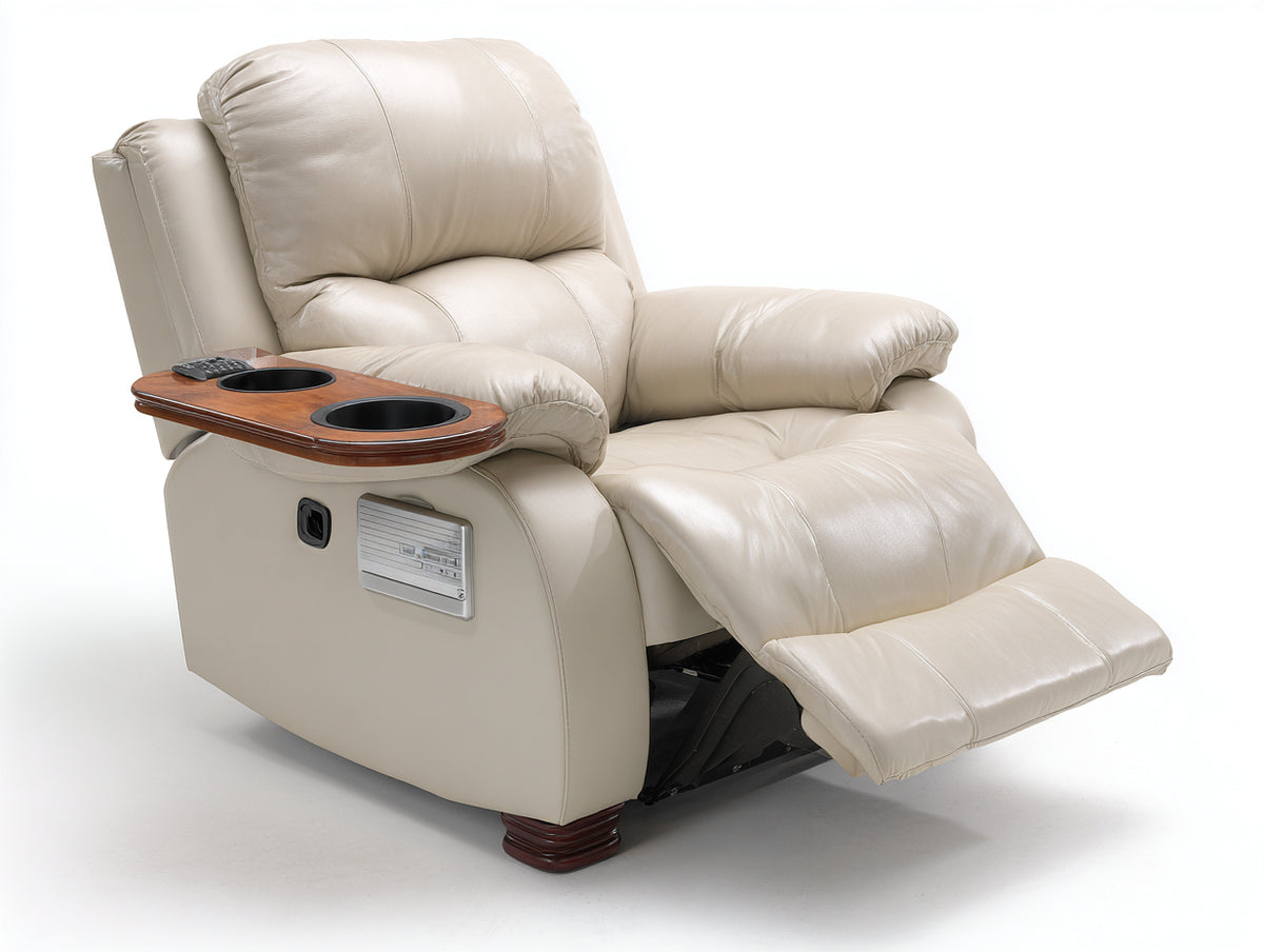 Fauteuil relax - Revêtement effet cuir - 105 x 92 x 108 cm - Crème - Style classique avec repose-pieds et tablette porte-gobelets