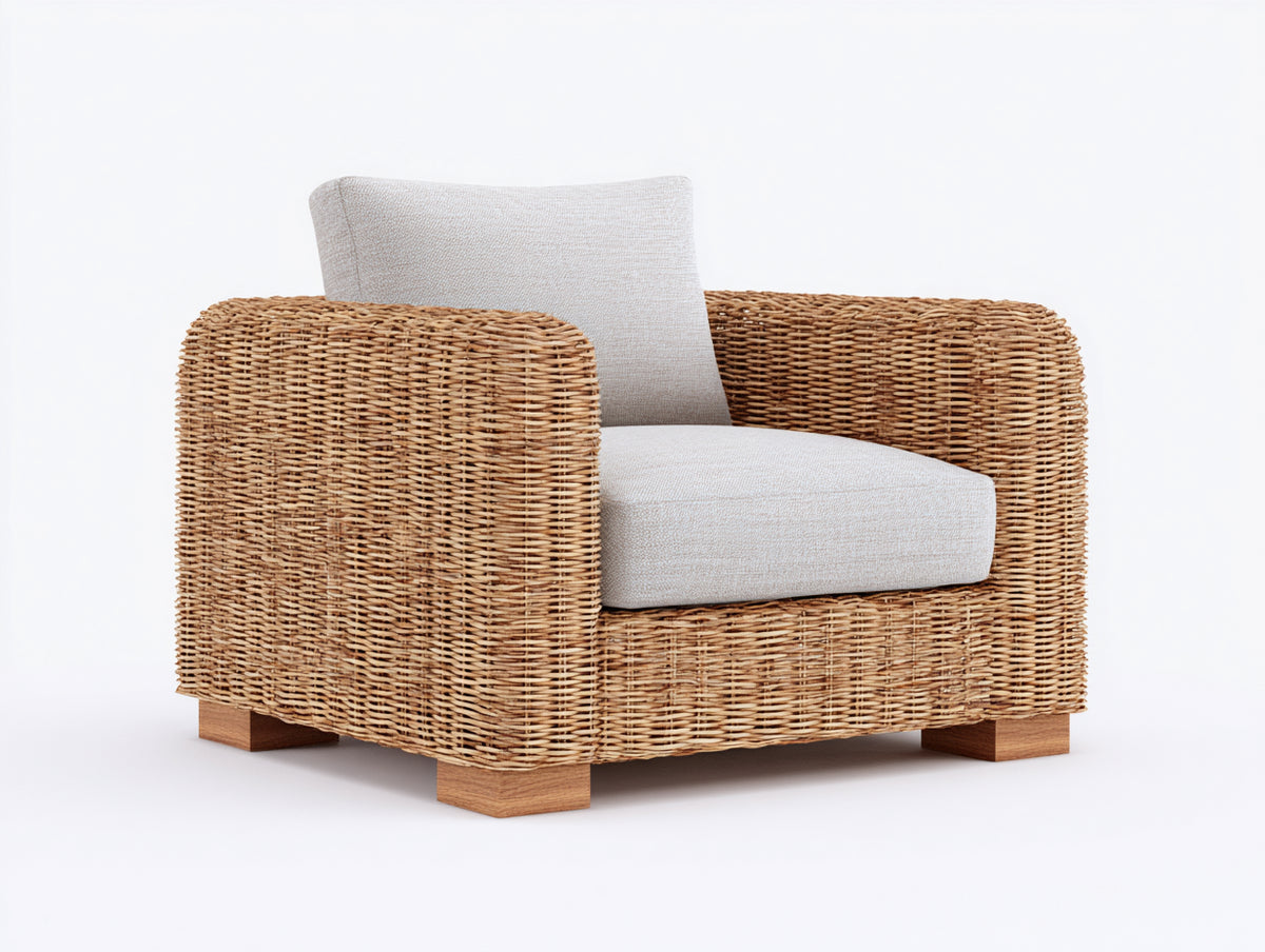 Fauteuil de jardin - Rotin-Tissu - 90 x 85 x 78 cm - Naturel-Écru - Style côtier