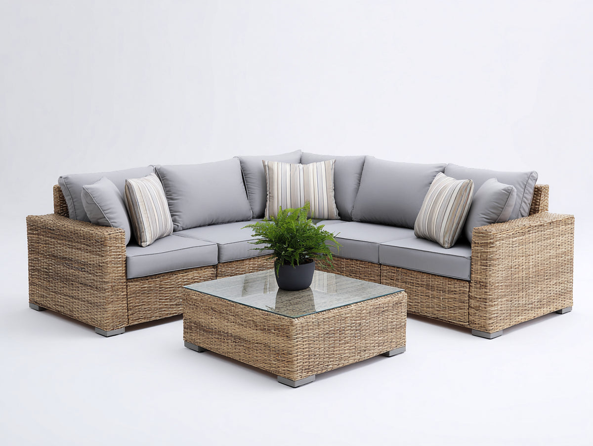 Canapé de jardin - Résine tressée-Textile - 248 x 248 x 76 cm - Gris clair-Brun naturel - Style contemporain