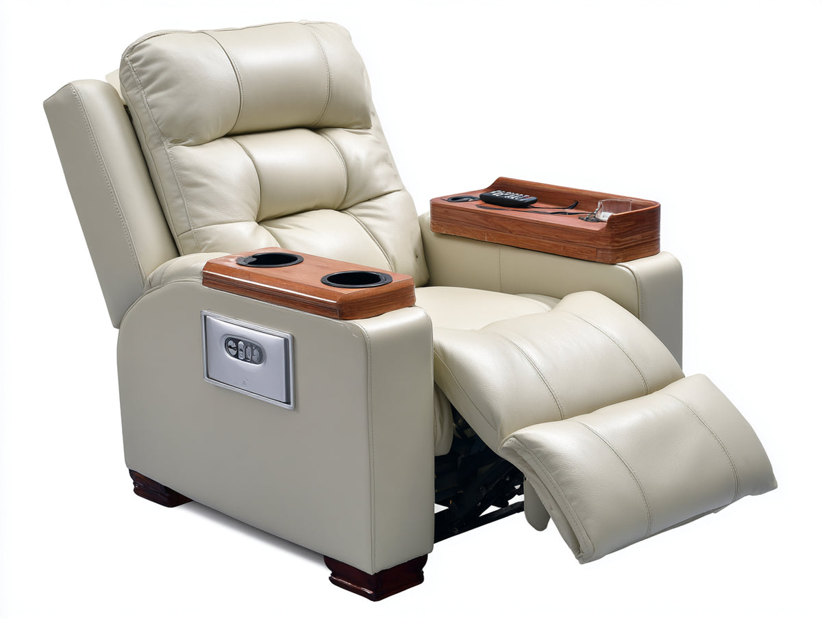 Fauteuil relax - Revêtement effet cuir-Bois - 106 x 94 x 110 cm - Crème - Style classique avec repose-pieds et tablettes porte-gobelets