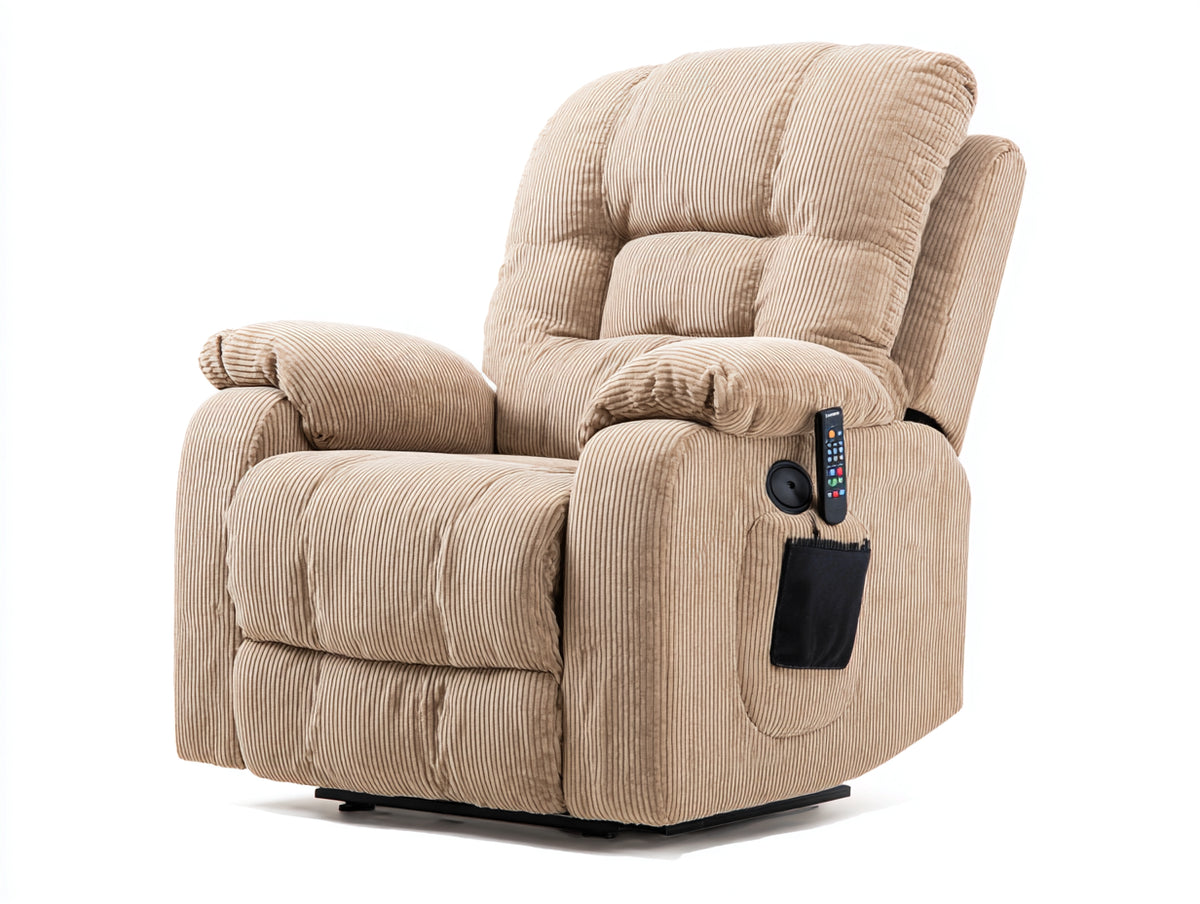 Fauteuil relax - Velours côtelé - 103 x 95 x 111 cm - Beige - Style rembourré avec repose-pieds et télécommande