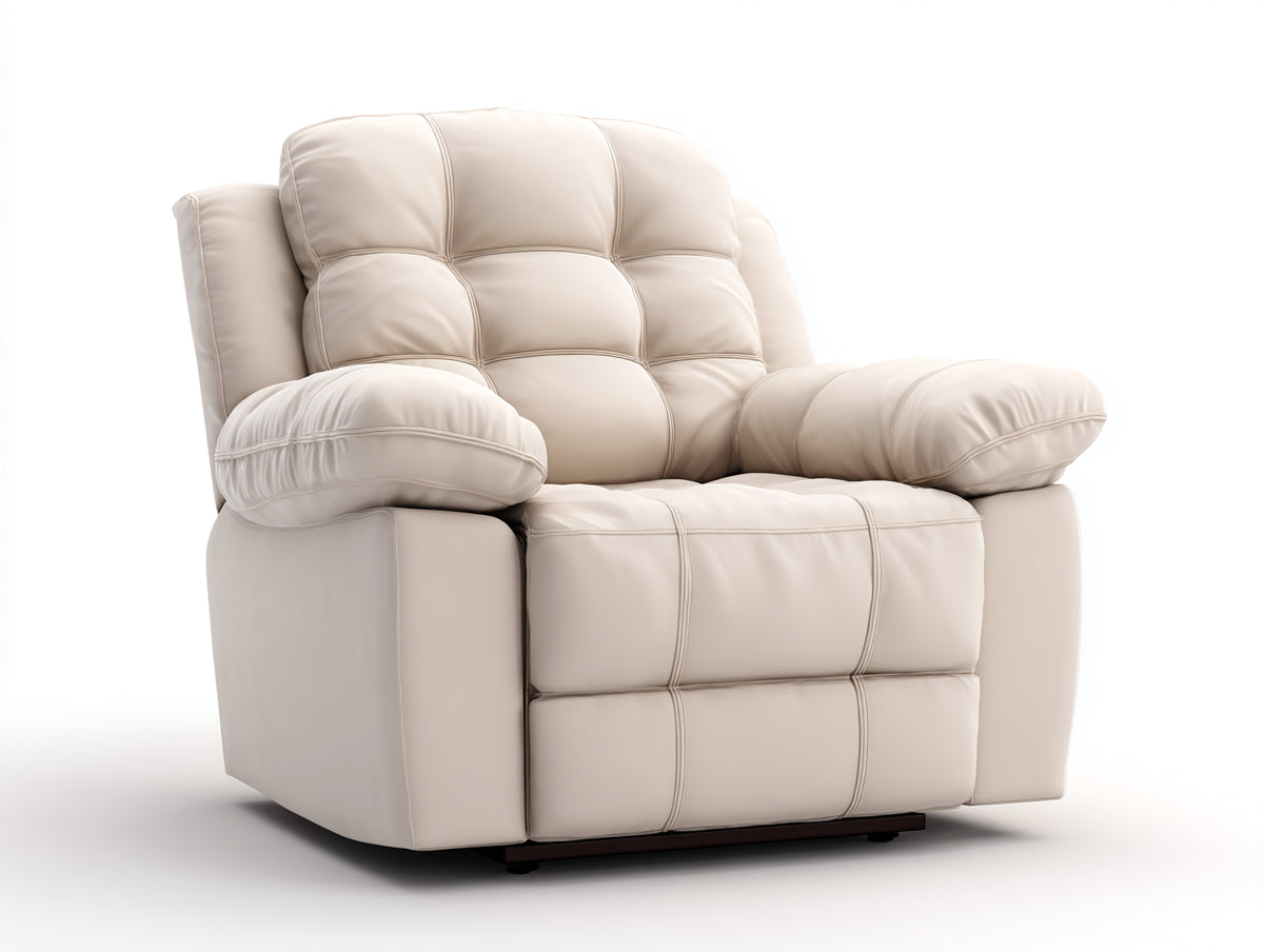 Fauteuil relax - Revêtement effet cuir - 101 x 93 x 107 cm - Blanc cassé - Style capitonné avec repose-pieds intégré