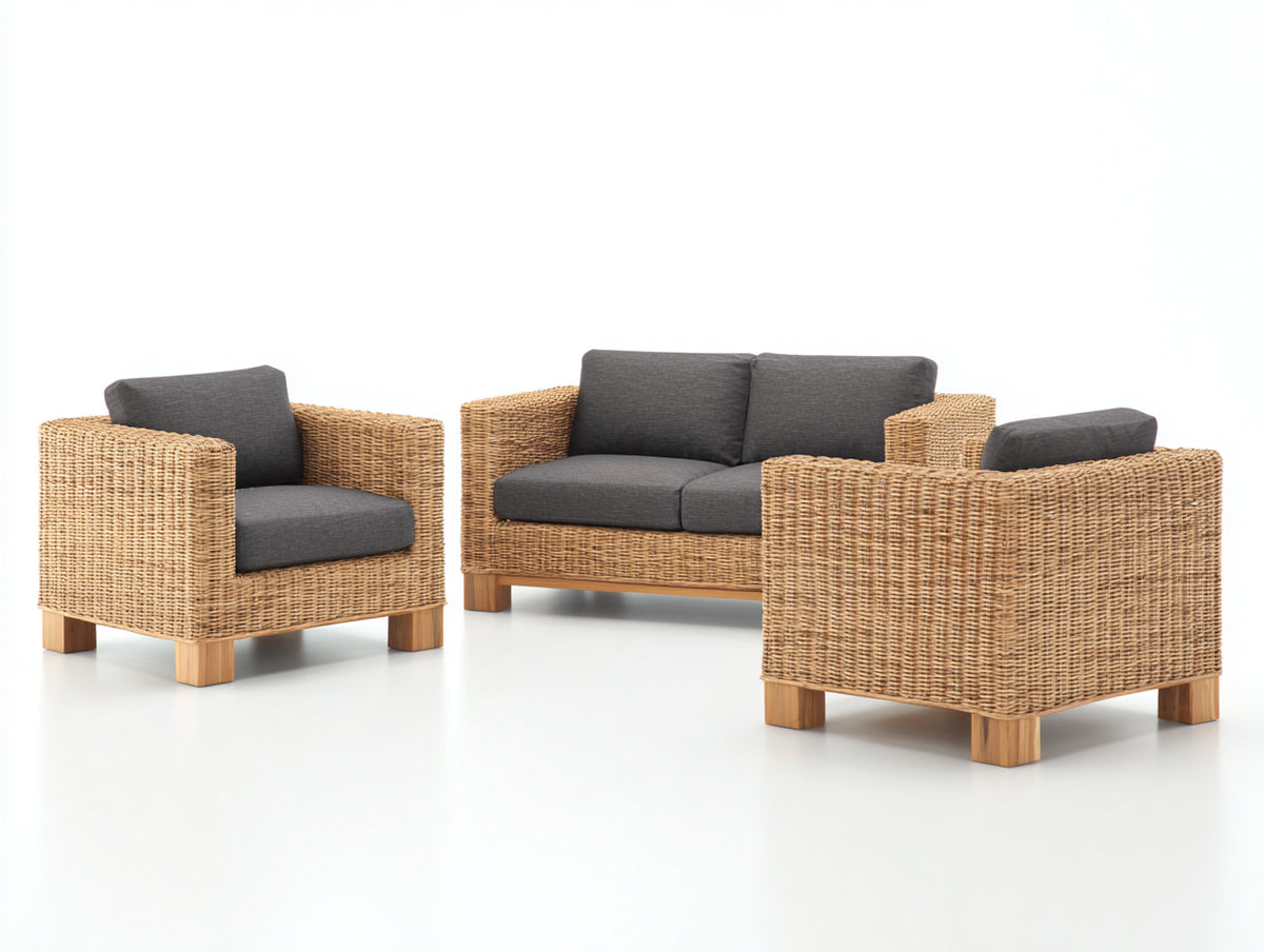 Canapé de jardin - Résine tressée-Textile-Bois - 145 x 77 x 82 cm - Gris anthracite-Beige miel-Bois naturel - Style contemporain