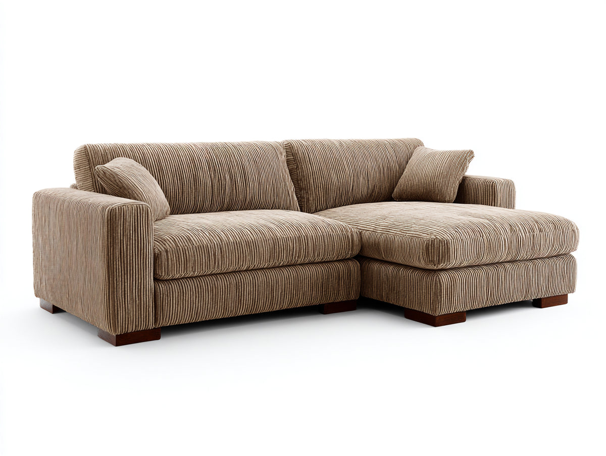 Canapé d'angle - Velours côtelé-Bois - 244 x 158 x 84 cm - Marron clair - Style contemporain avec méridienne