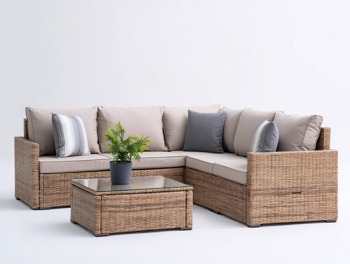 Canapé de jardin - Résine tressée-Textile - 242 x 185 x 74 cm - Beige-Brun naturel - Style contemporain