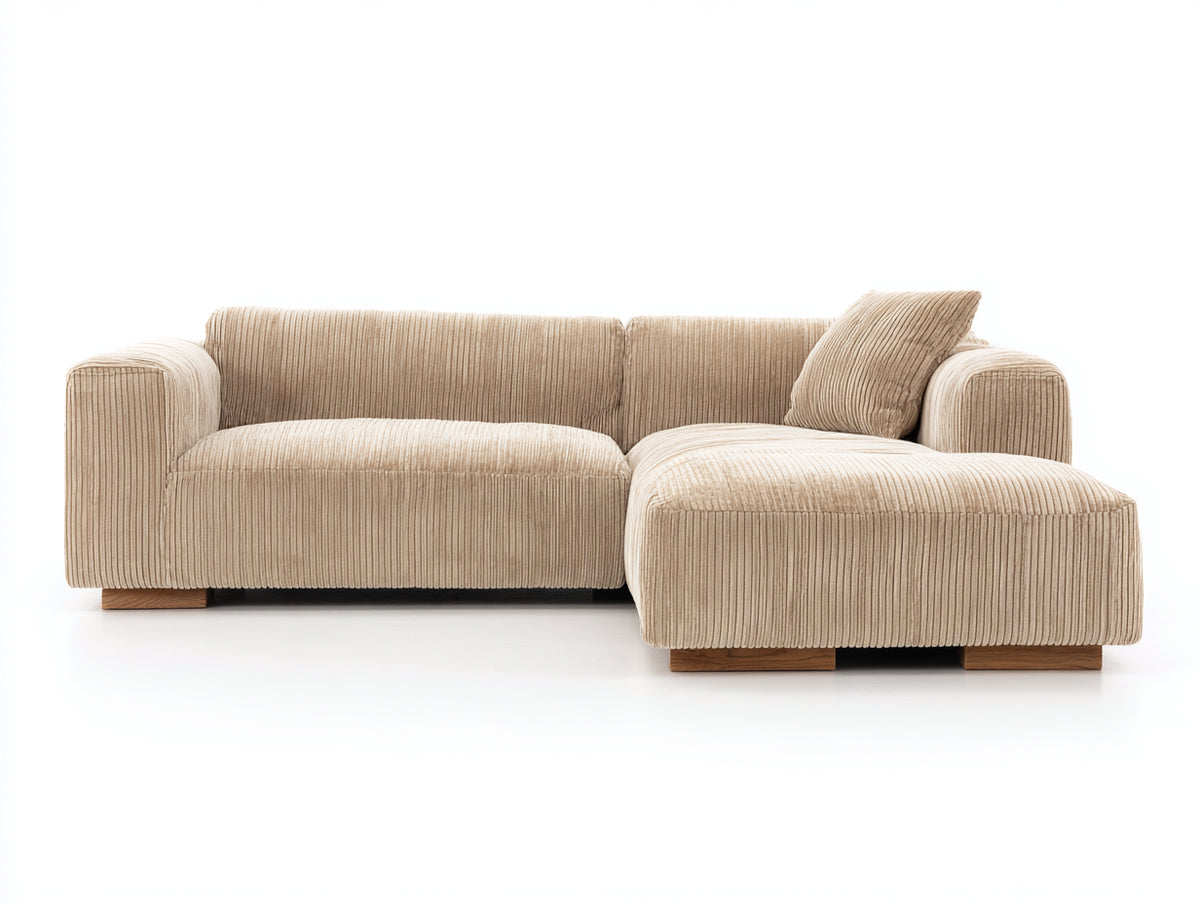Canapé d'angle - Velours côtelé-Bois - 235 x 160 x 78 cm - Beige crème - Style contemporain bas avec méridienne