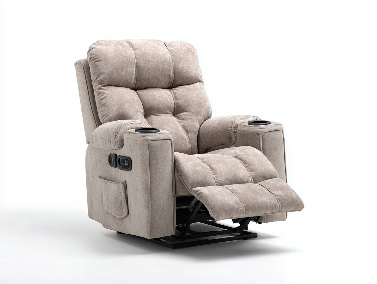 Fauteuil relax - Tissu - 105 x 95 x 112 cm - Beige taupe - Style capitonné avec repose-pieds et porte-gobelets
