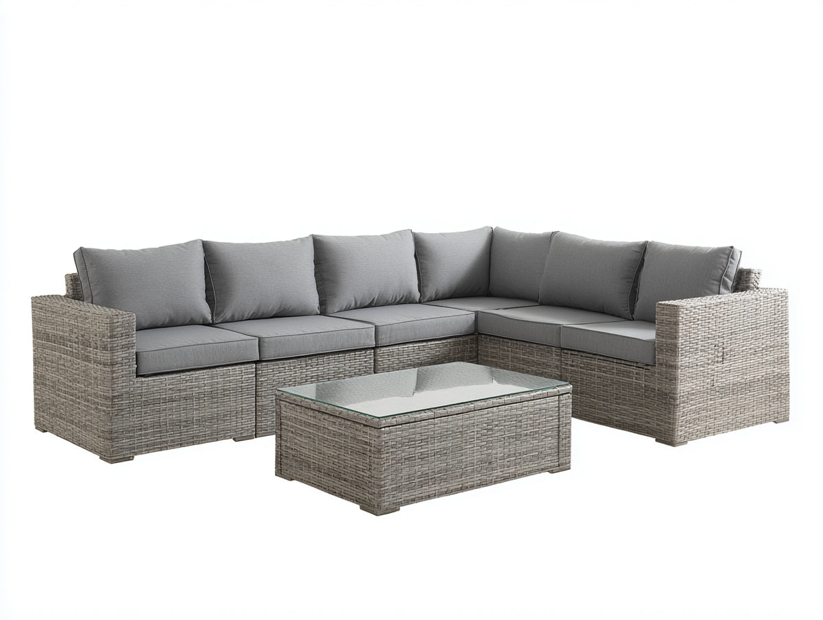 Canapé de jardin - Résine tressée-Textile-Verre - 268x218x76 cm - Gris clair-Gris - Style moderne