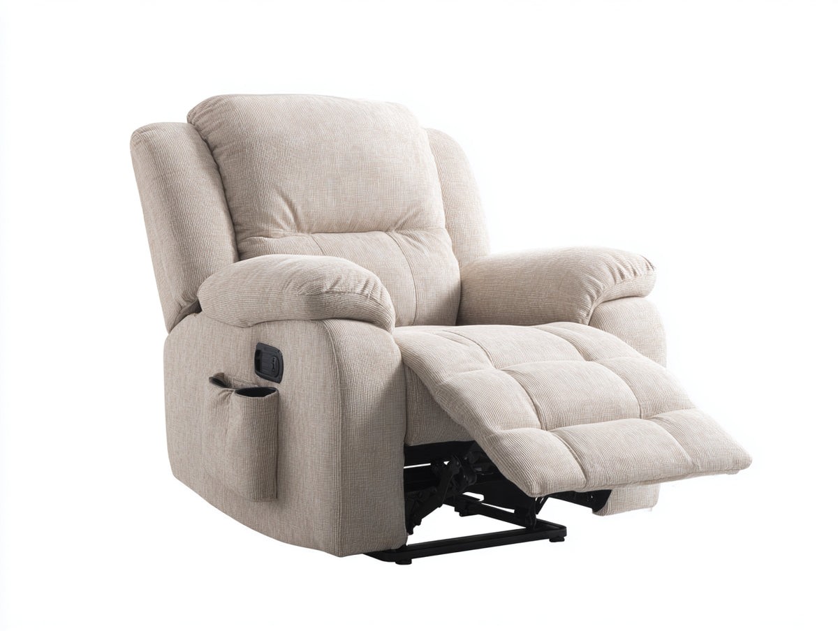 Fauteuil relax - Tissu - 102 x 94 x 108 cm - Beige clair - Style matelassé avec repose-pieds et poche latérale