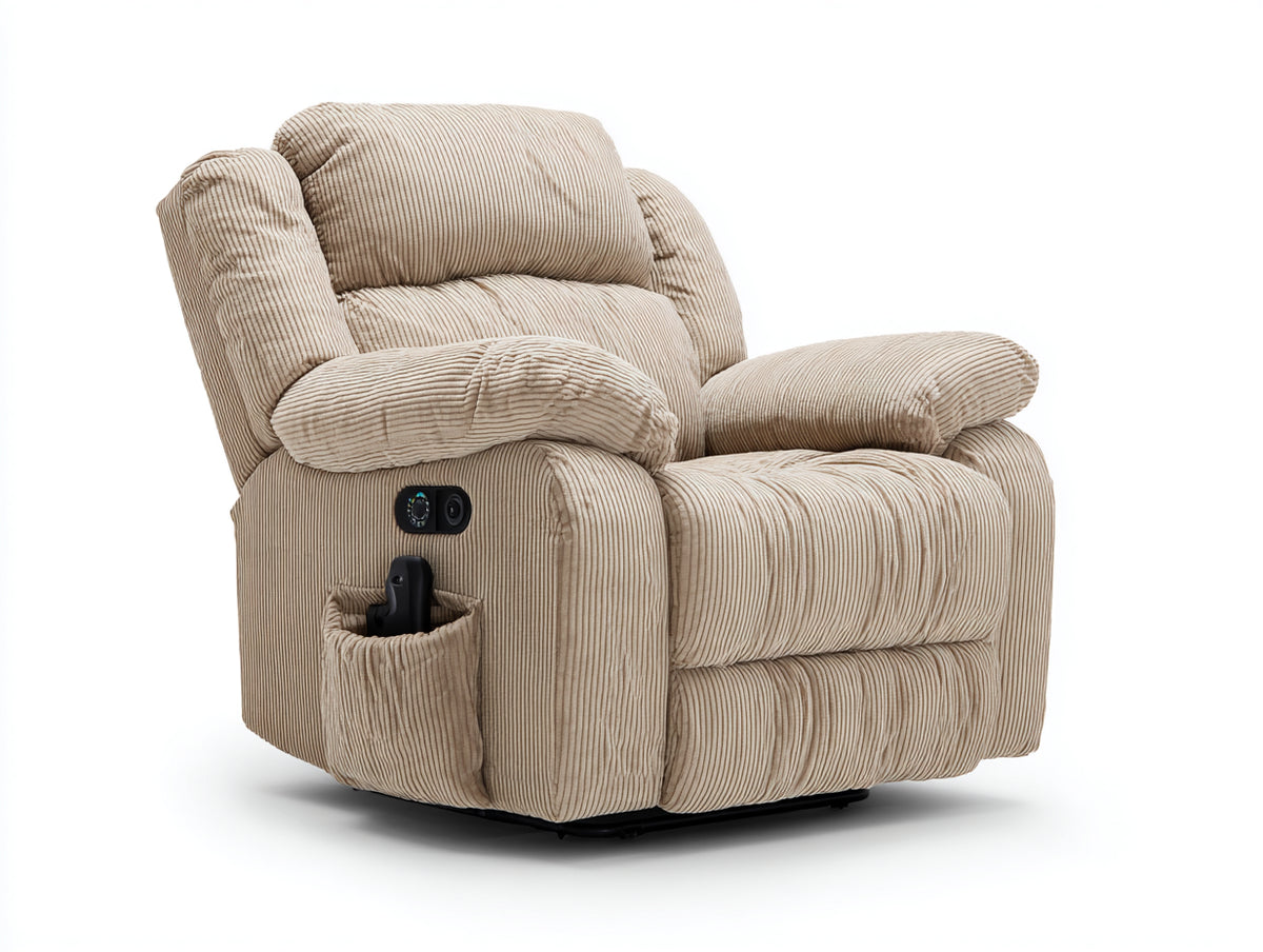 Fauteuil relax - Velours côtelé - 104 x 97 x 109 cm - Beige clair - Style confort avec repose-pieds et commande latérale